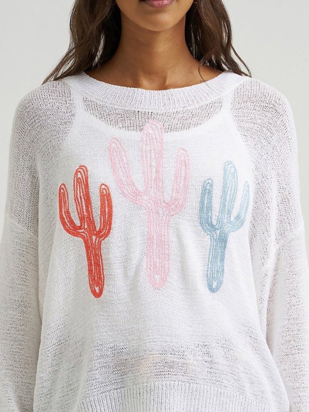 Wrangler Retro Women's Long Sleeve Cactus Gauzy Knit Sweater White 112375092